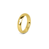 Gold women’s wedding band with faceted tungsten design on white background