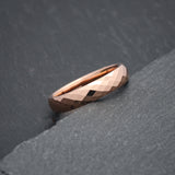Womens wedding band with 4mm polished rose gold faceted tungsten finish