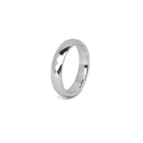 Simple silver wedding band with faceted tungsten design on white background