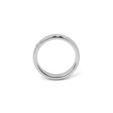 Women’s wedding ring silver, 4mm faceted tungsten band shown on plain background