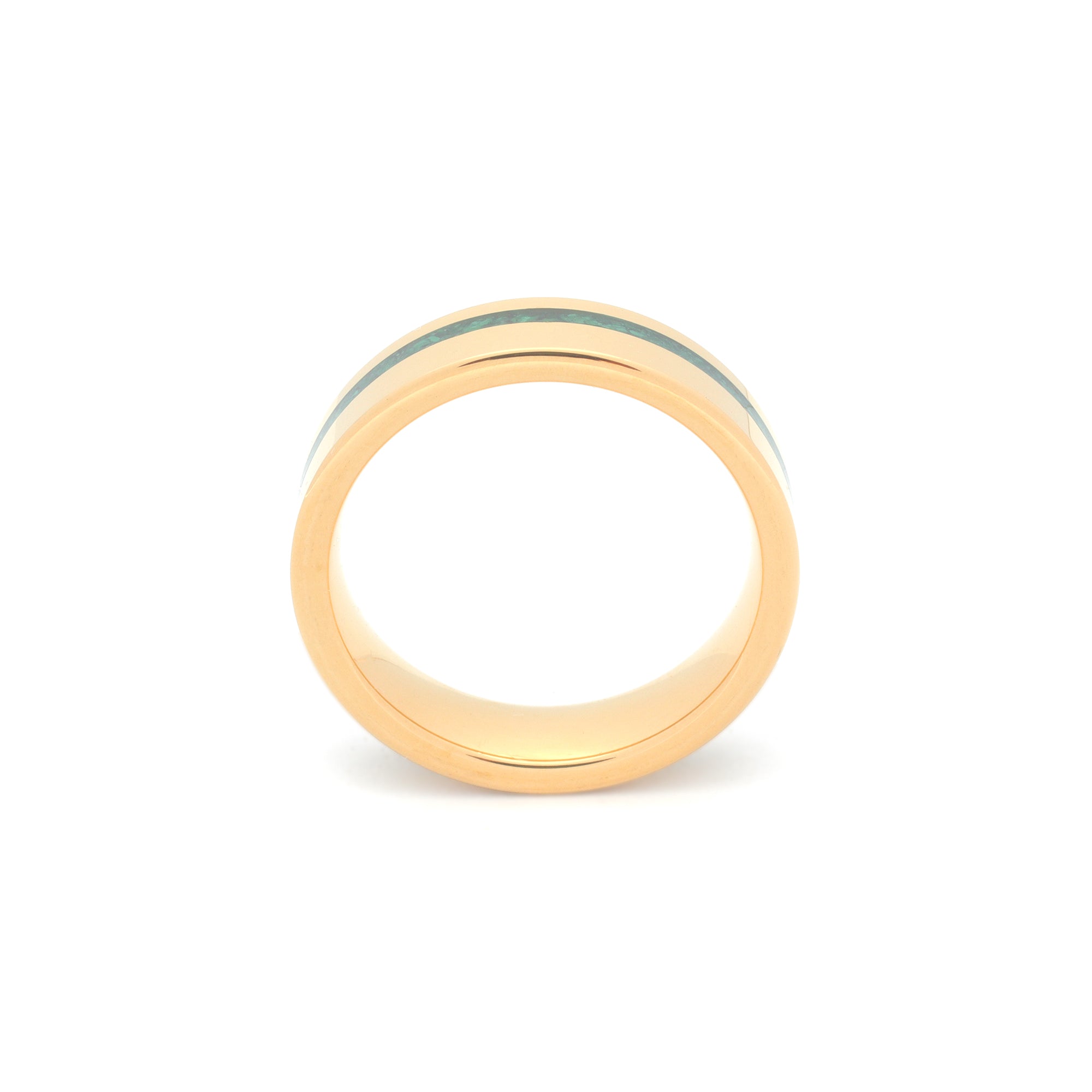 polished gold tungsten ring with vibrant opal strip