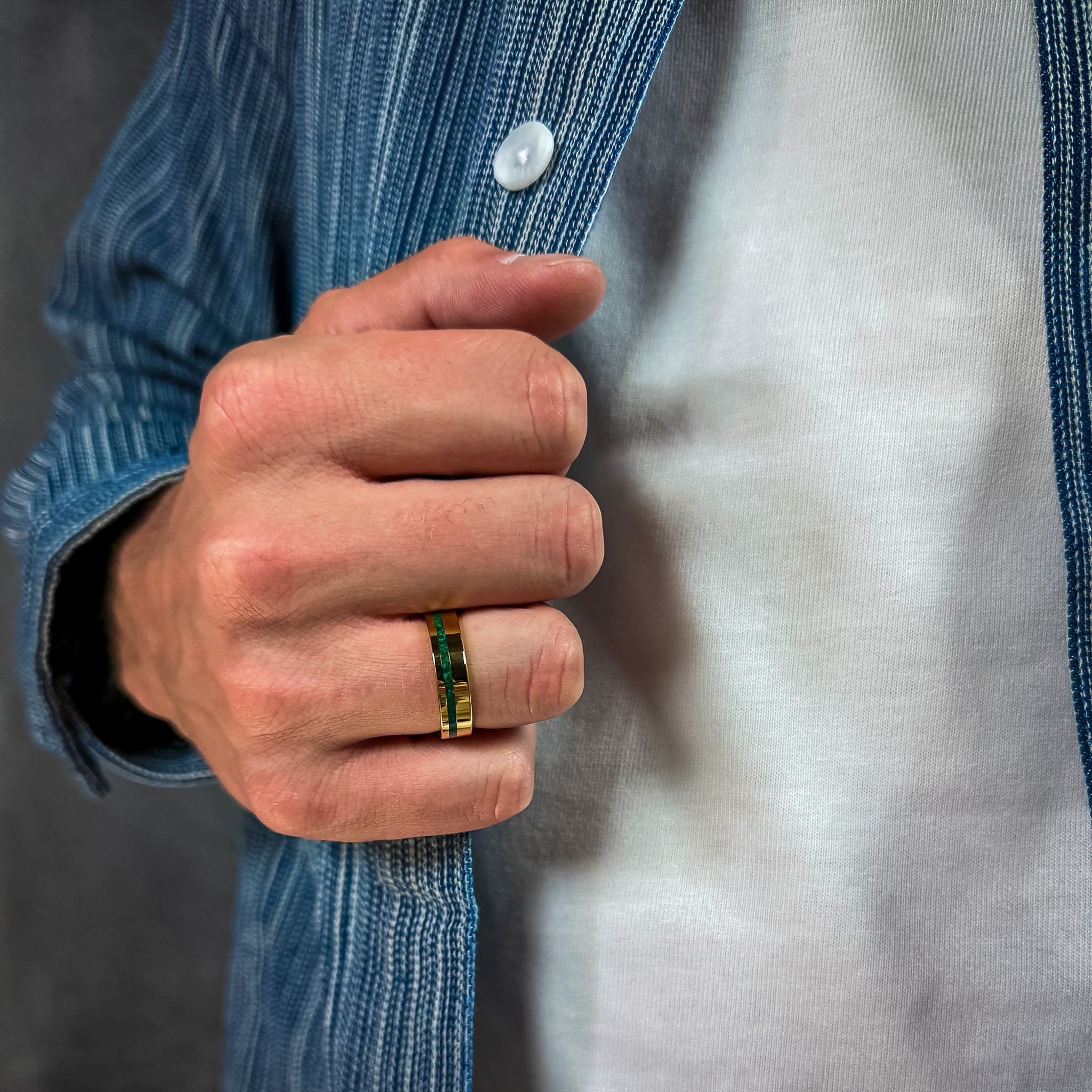 luxury mens gold wedding band featuring green opal inlay