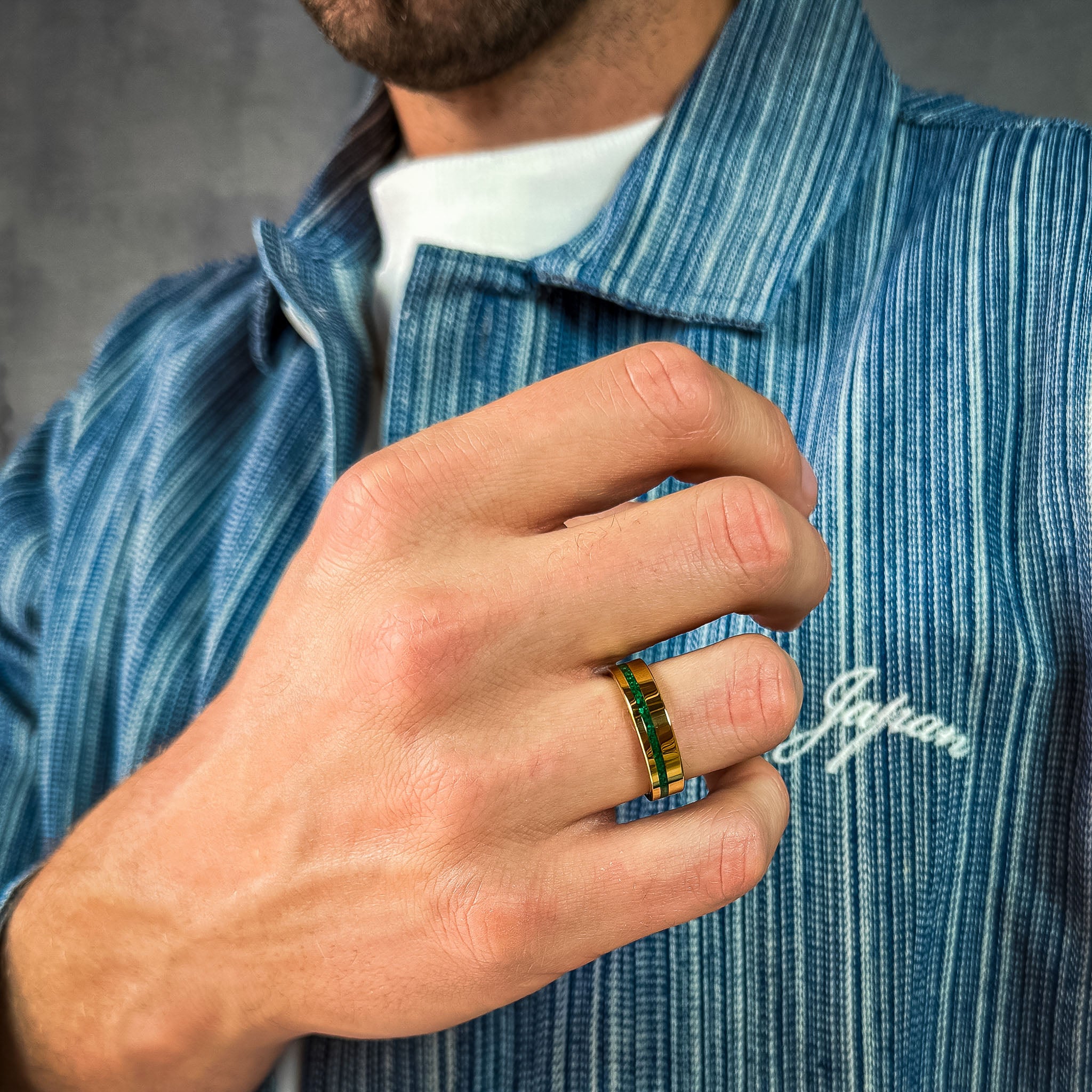 gold tungsten wedding ring for men with green opal design