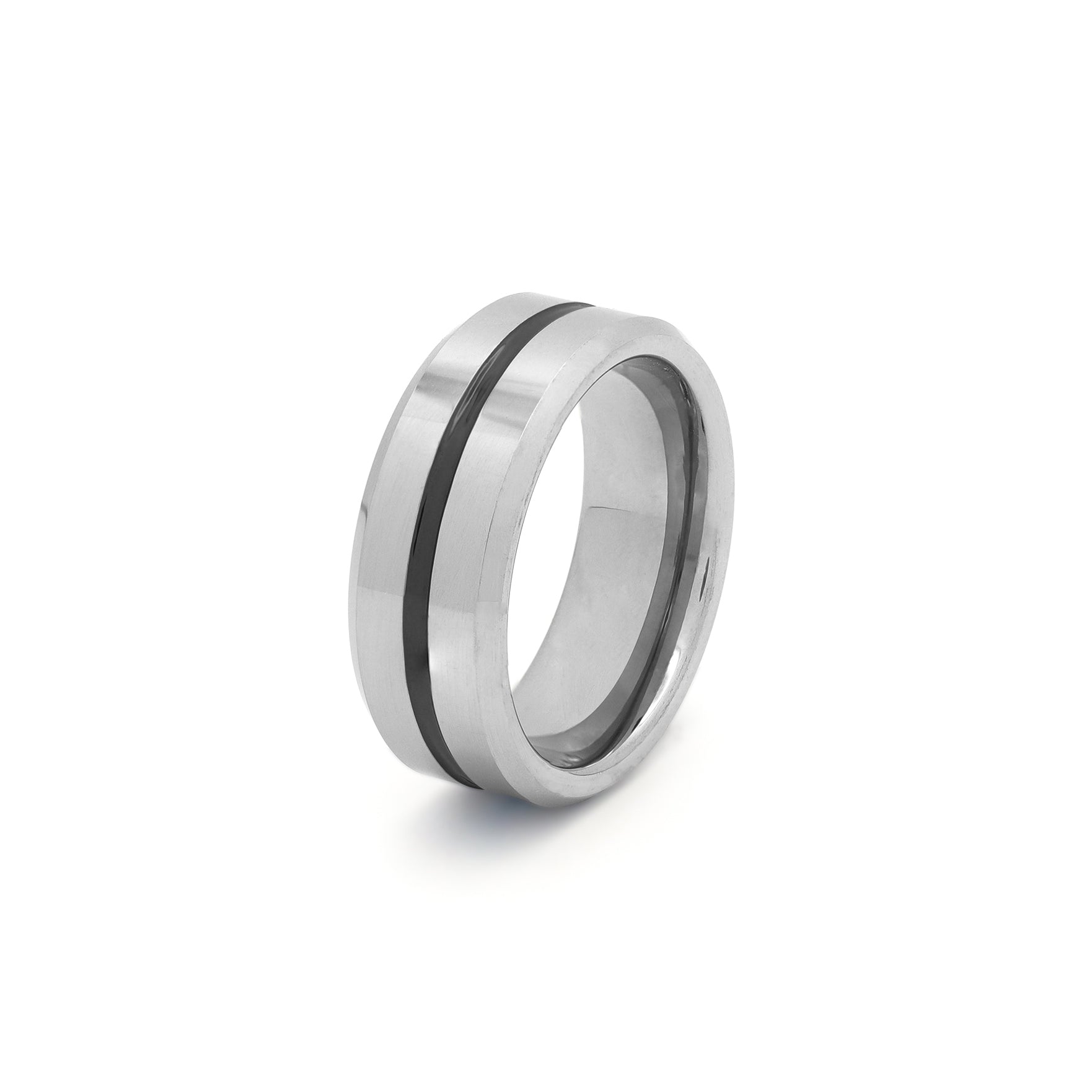 silver tungsten ring with black groove