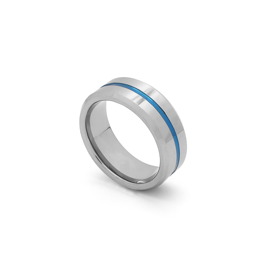polished silver beveled ring with blue groove