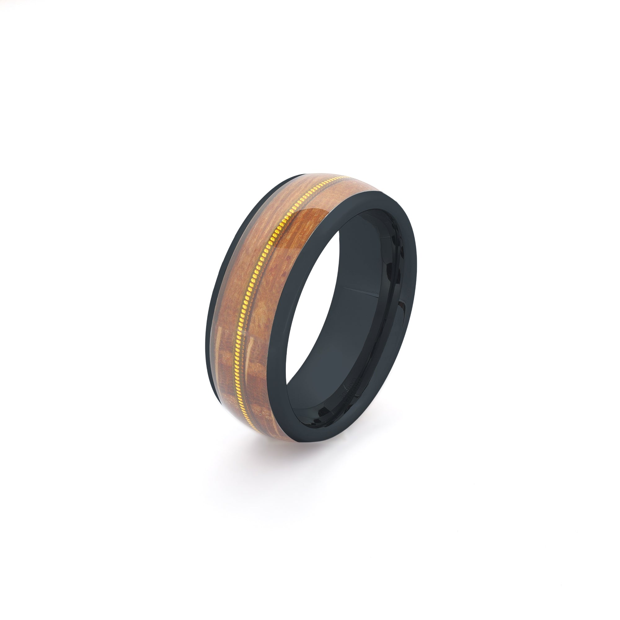 front view of a black guitar string wedding band for men