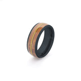 front view of a black guitar string wedding band for men