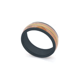 black tungsten ring featuring a recycled guitar wood and string inlay