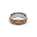 flat view of a male wedding ring made from silver tungsten with a wood and guitar string inlay