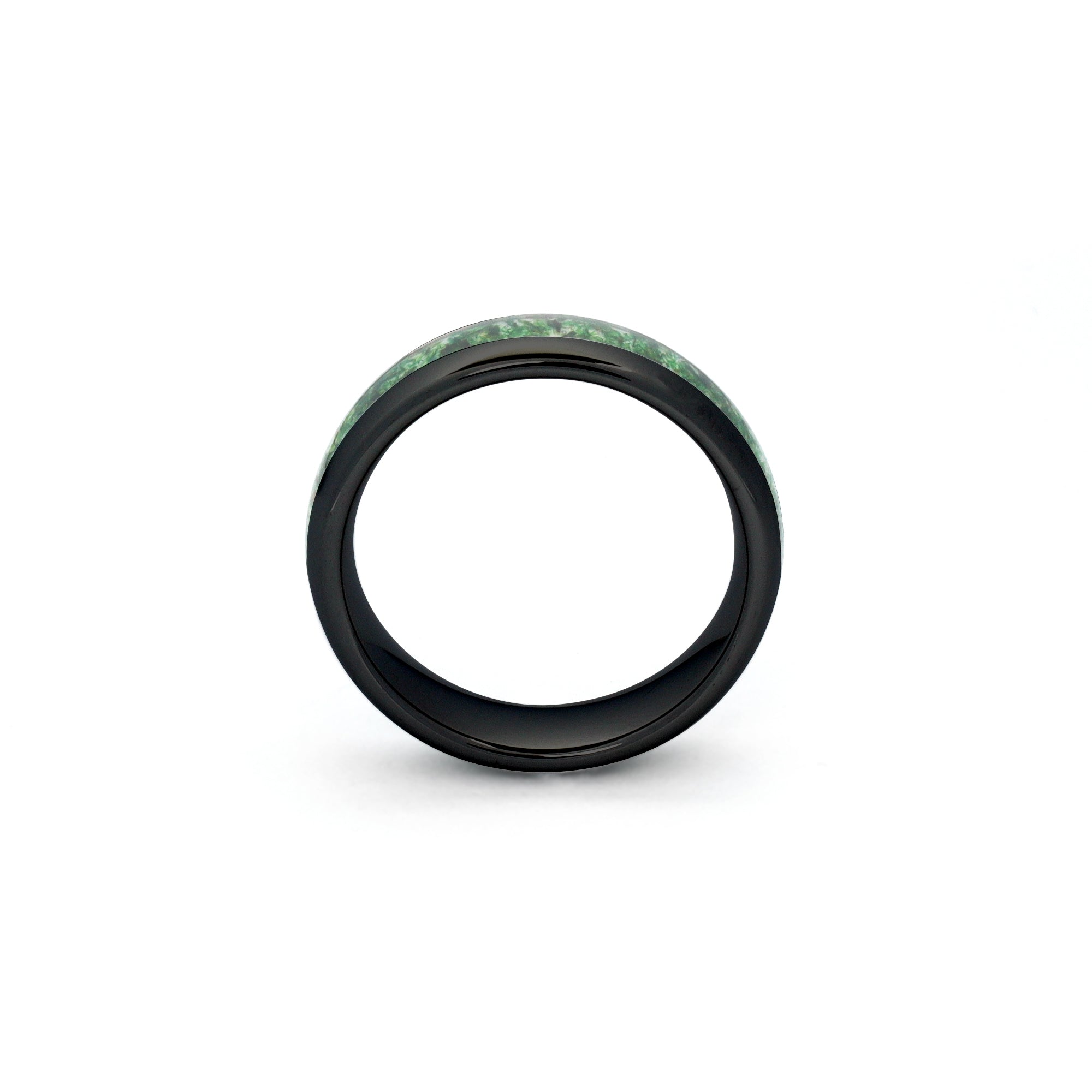 close-up of moss agate wedding ring with matte black tungsten band