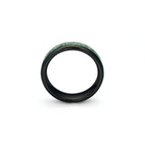 close-up of moss agate wedding ring with matte black tungsten band