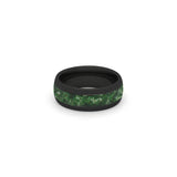 Black wedding band, 8mm wide, with distinctive moss agate inlay, set on a white background.