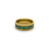Gold wedding band, 8mm wide, with unique green moss agate inlay, shown on white background.