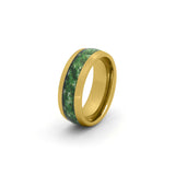 8mm gold wedding ring featuring a green moss agate inlay, photographed against a white background.