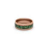 Rose gold wedding band, 8mm wide, with detailed green moss agate inlay, set on a white background.
