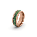 8mm rose gold wedding ring with green moss agate inlay, photographed on a white background.