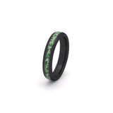 Black wedding ring for her with green moss agate inlay and polished tungsten band