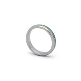 Moss agate ring silver finish with natural green inlay, photographed on white background