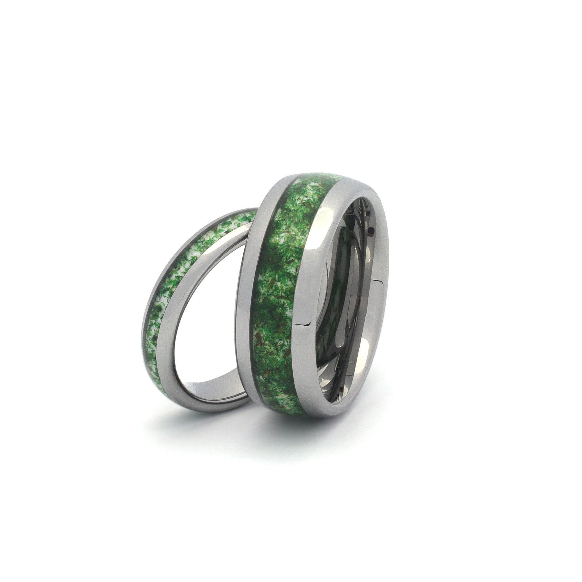 Matching moss agate wedding ring set for couples with polished tungsten bands