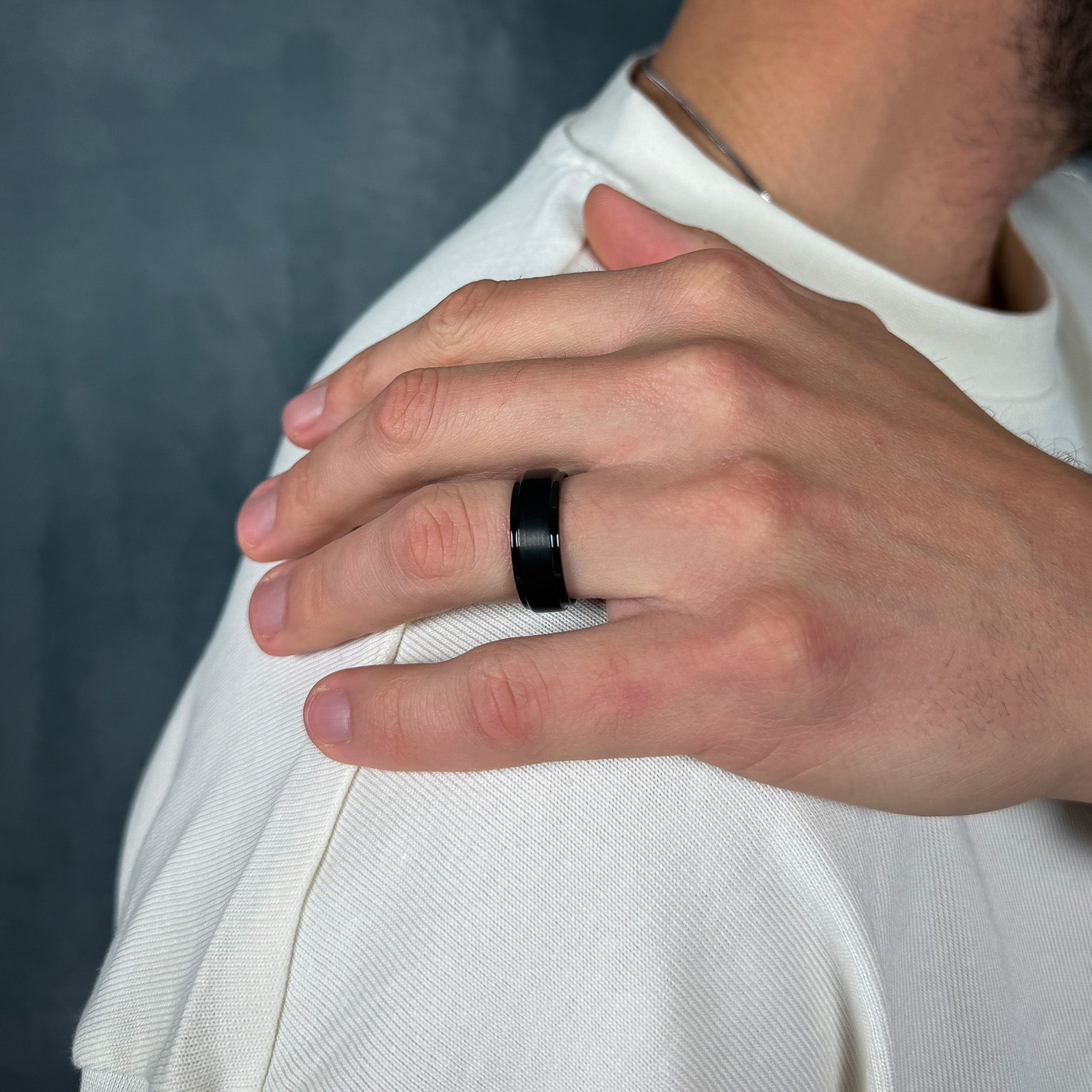 mens black brushed tungsten ring with polished stepped edges