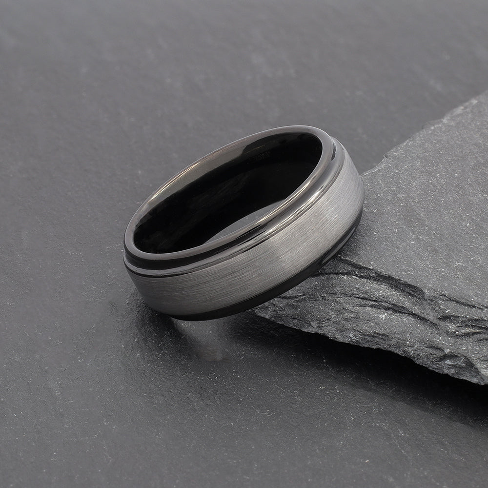 mens silver and black two tone wedding band