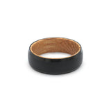 tungsten and oak wood mens wedding ring with beveled sides flat view