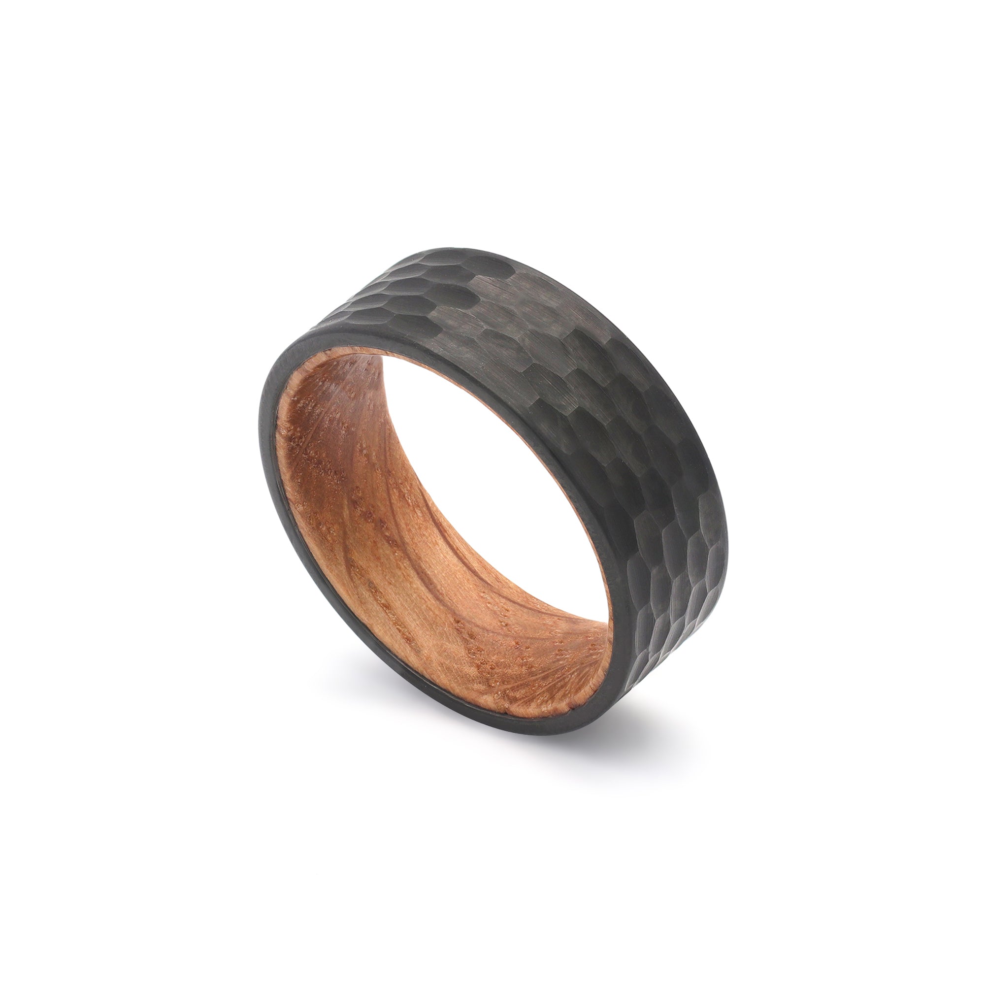 hammered tungsten and oak wood wedding ring for men reverse view
