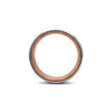 side view of a mens brushed silver tungsten wedding ring with whiskey barrel wood sleeve