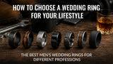 Different men's wedding rings displayed with tools, laptop, gym equipment and whiskey glass representing different professions