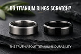 Titanium wedding rings on a dark slate background illustrating their durability and scratch resistance.