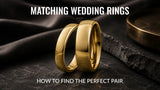 Matching men's and women's wedding rings styled together as a personalised couples set