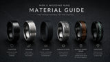 comparison of men's wedding ring materials including tungsten titanium silicone damascus steel whiskey barrel wood and gemstone rings