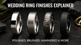 a lineup of wedding rings in different finishes. Including polished, brushed, hammered and more