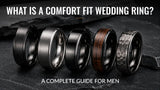 collection of modern comfort fit men's wedding rings on a dark slate background