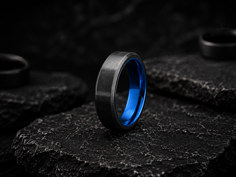 black titanium wedding band photographed on black slate