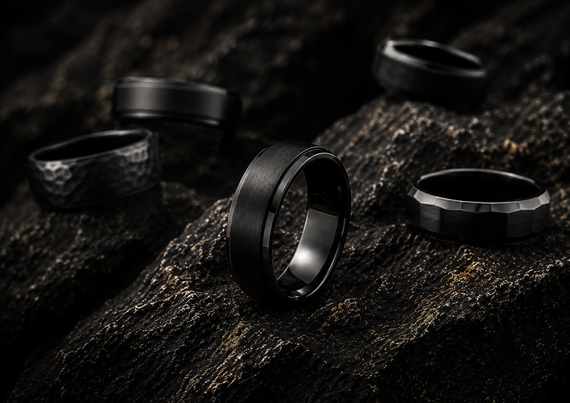 a collection of mens black wedding bands photographed on a dark stone surface