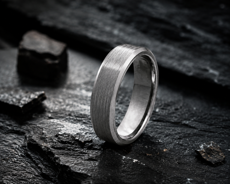 mens bevelled tungsten wedding ring in gunmetal grey
