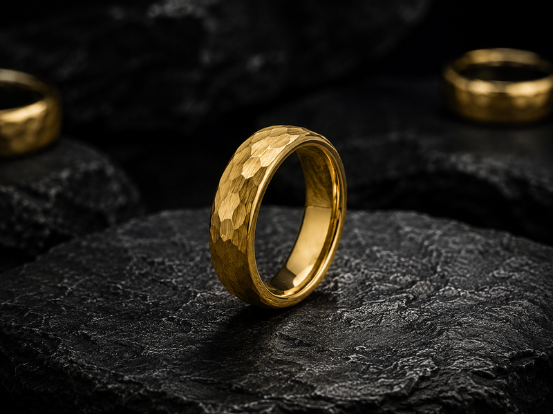 a row of gold tungsten rings photographed on a dark stone surface