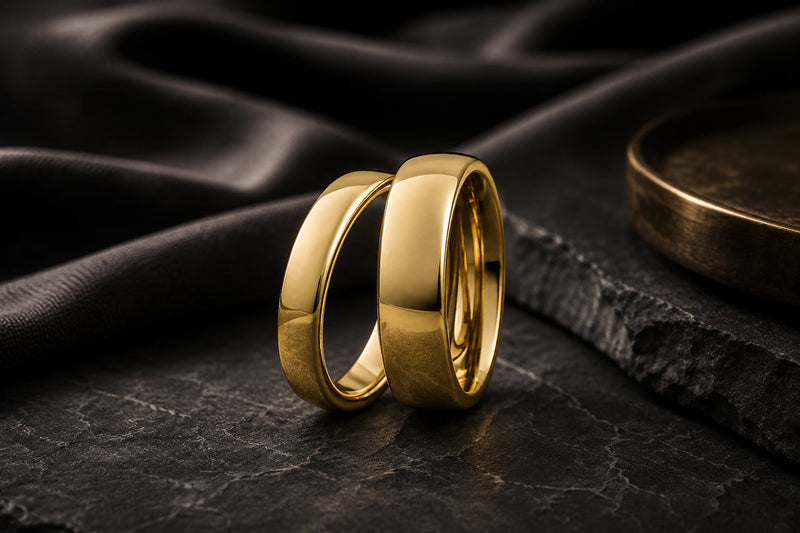 gold matching his and hers wedding rings photographed on neutral background