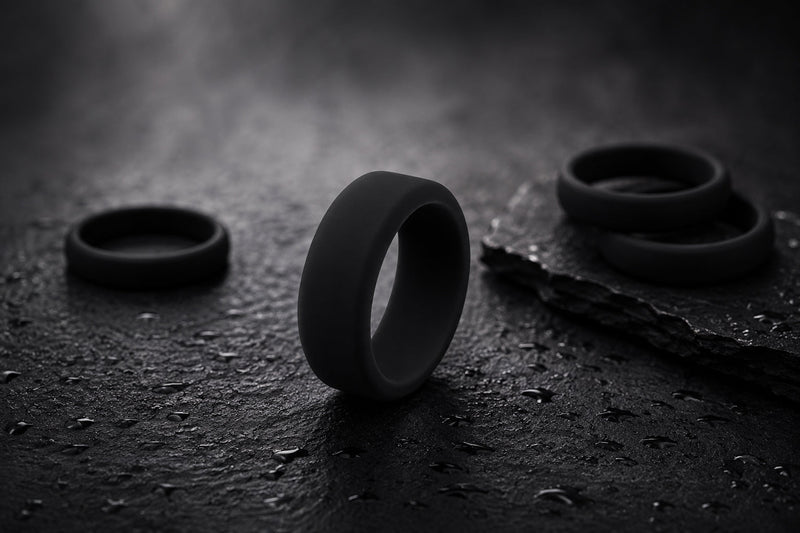mens beveled silicone rings on a concrete surface