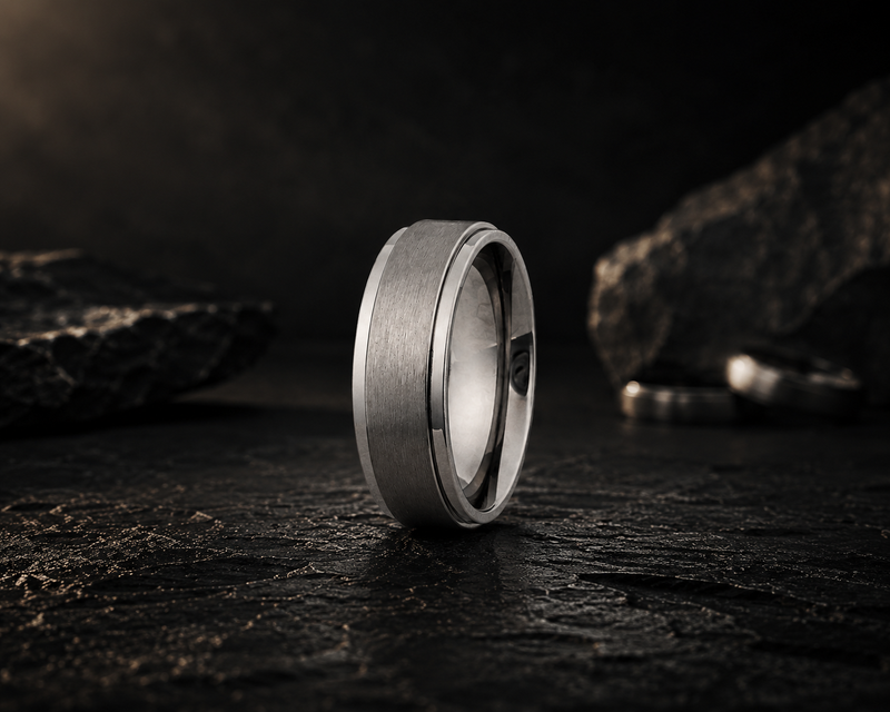 durable wedding bands photographed on a light concrete surface