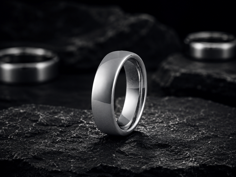 everyday wedding bands photographed on a natural stone surface