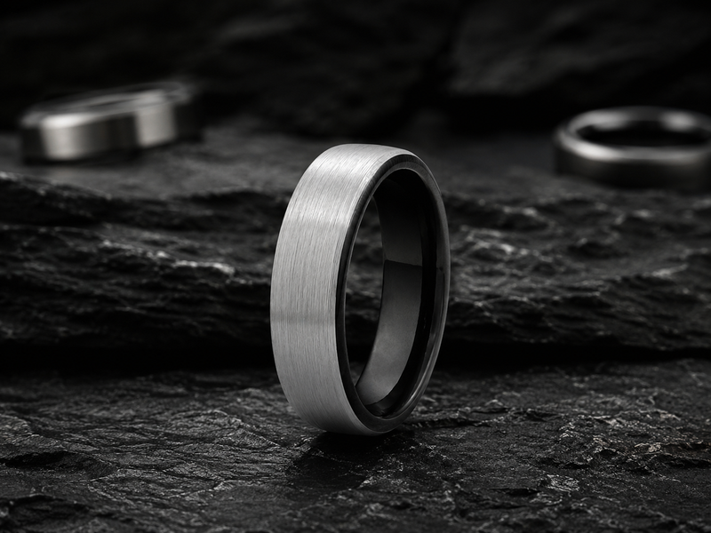 brushed tungsten rings photographed against a dark background