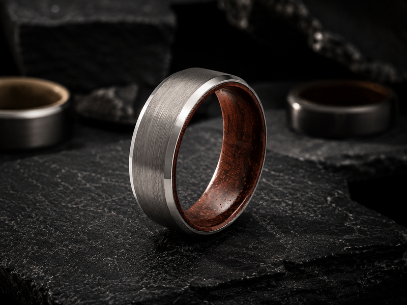 a collection of mens wedding bands made from tungsten and wood