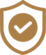 Brown shield icon with a white check mark in the center on a white background