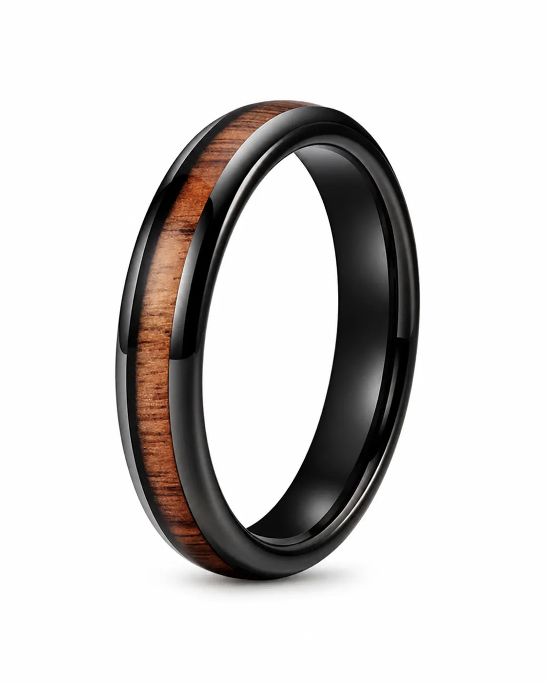 Angled view of a 4mm black tungsten ring with a reddish-brown wood inlay.