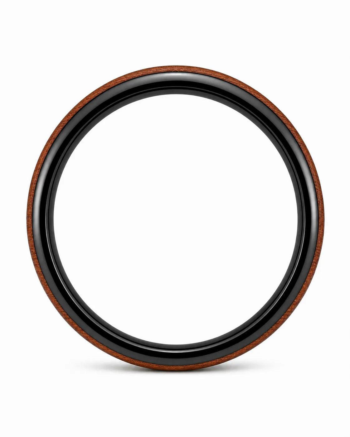 Front view of a circular 4mm black tungsten ring with a natural wood inlay.