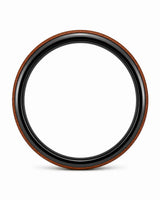 Front view of a circular 4mm black tungsten ring with a natural wood inlay.