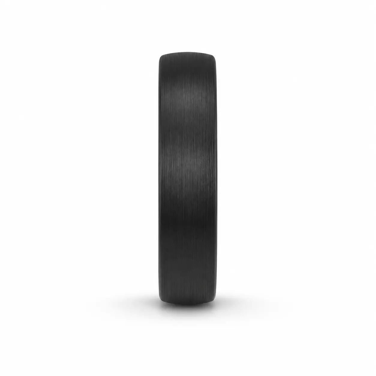 Front view of a 4mm brushed black tungsten wedding ring with a matte brushed finish and comfort fit profile.