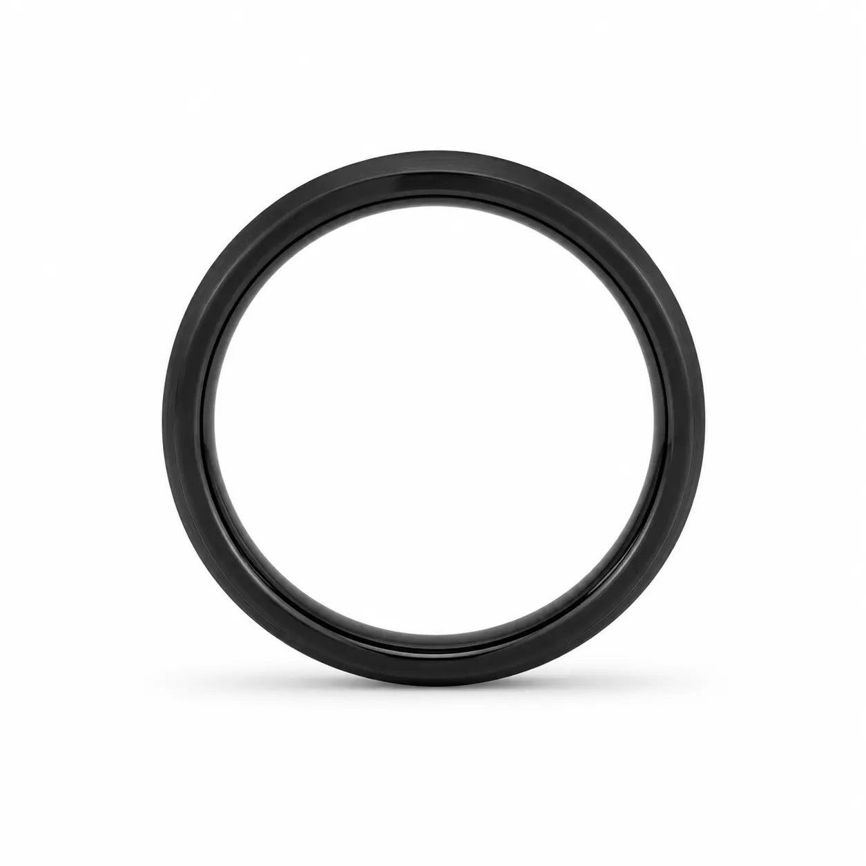 Profile view of a 4mm brushed black tungsten wedding ring showing its slim comfort fit design.